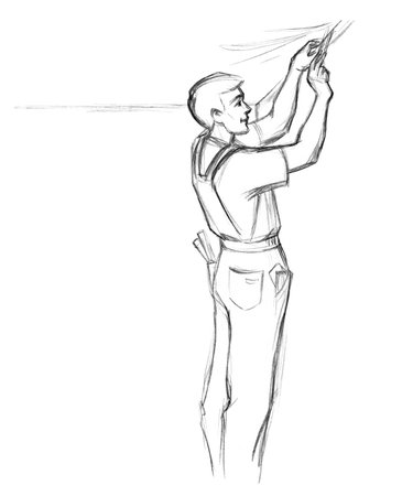 Young male human guy build up lay glue brush hang new level set white paint vinyl text space. Line black pencil drawn indoor hold drill skill labor renew pvc icon sign symbol sketch retro art styleの写真素材
