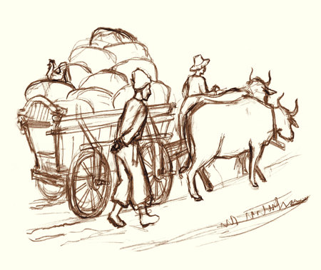 Hand drawn art of a man walking with a wood trolley filled with bales, pulled by an ox. The scene depicts a rustic countryside with a white sky.の写真素材
