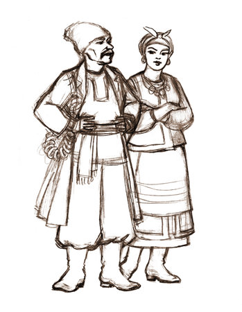 Retro fest east pair friend face look guy past age dress new hat coat belt boot shoe market scene. Hand drawn pencil chalk young lady stand cross arm hold veil shawl head europe asian street art styleの写真素材