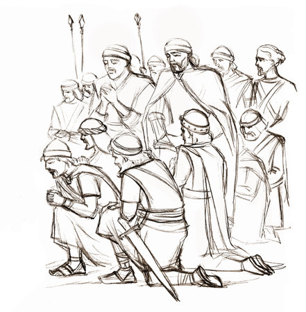 Retro age strong armor guard arm troop human field sky. East royal king David hero winner black hand drawn stand bow ask beg help faith belief camp prais glory win story hold asian arab art sketchの写真素材