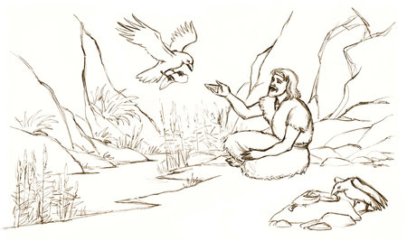Holy hungry lost happy joy senior male human guy rest sit ground hand drawn sketch art. Asian east age famine robe cloth rook fly provide feed dry creek sky Hebrew faith symbolの写真素材