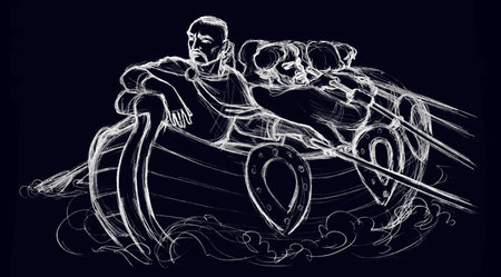 Past century age danger war norway pirate arm swim storm wind wave explor attack warship galley sail cloth shield white sky. Black line drawn navy sailboat deck hetman hero cartoon art sketchの写真素材