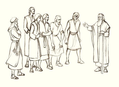 Adult age muslim elder prayer stand worship emot islam faith white sky view. Hand drawn sad angry jew friend see ethnic guy preach tell pray afraid stress event retro culture story art sketchの写真素材
