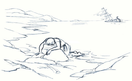 Old lone lost male guy lay stone sand risk sail woman girl river lake splash symbol white sky. Retro alone alive human sailor swimmer pray sos help life story hand drawn sketch artの写真素材
