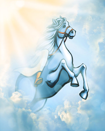 Saint lord win happy joy gospel believ faith hope peace life run gallop bottom sun view. glow ray beam draw sacred male royal arm Elijah soul come free old blue glory etern belief retro biblic war artの写真素材