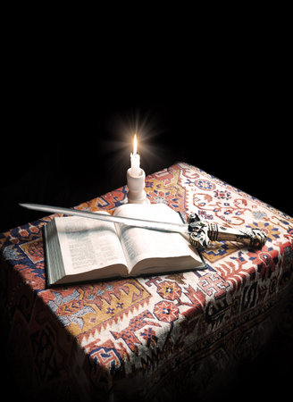 King age army read paper page learn believ bless pray hebrew law steel iron metal sharp dark black table text space. New culture sacred prayer spirit art gold flame military soldier arm life sign iconの写真素材