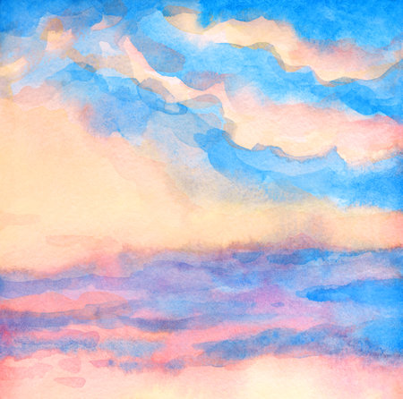 Hand drawn red acryl paint quiet calm fresh rainy glare white light day dawn heaven view scene Paper card text space backdrop retro sketch style bright design pattern blue lilac violet color rain viewの写真素材