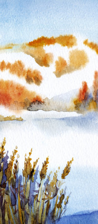 Bright hand drawn watercolour fresh fall garden cloud cool spring day scene paper backdrop light color paint artwork. Shrub reed valley rural calm wet icy drift new year creek bay shore scenic viewの写真素材