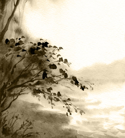 Hand drawn bright red paint artwork quiet cloud scene sketch paper backdrop text space. Light rural foggy swamp marsh flood creek bay stone shore old wood garden plant leaf calm fall dusk scenic viewの写真素材