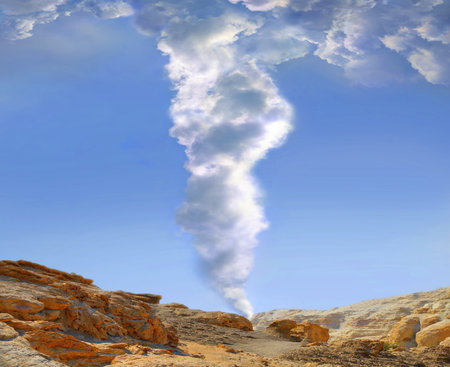 Rocky sand land hill country tall big hot smoky haze fog mist cover day scene. Foggy misty rise up danger old air reveal lead people red sea glory story scenic view outdoor blue heaven text spaceの写真素材