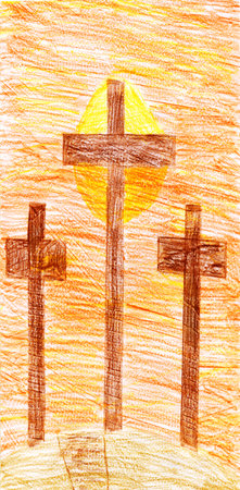 Cute 3 saint holy history wood death tomb shape hill holiday scene light white red cloud paper. Bright crayon picture artist pen baby church style forgive spirit pray believ hope icon sign text spaceの写真素材
