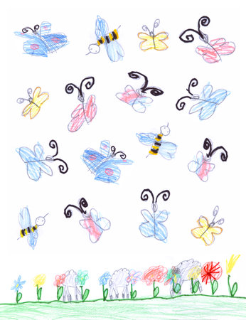 Wild cheer bright multi color spring fauna little herd baby lamb pet daisy bloom glade light paper. Green grass simple pastel pen paint line small fun icon sign symbol artist style design card pictureの写真素材