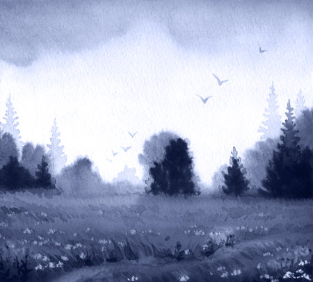 Hand drawn light red paint bird picture artwork sketch valley mow lawn stream scene paper text space backdrop. Pink color calm misty steppe fall haze smoke shrub wood plant travel trail way scenic viewの写真素材