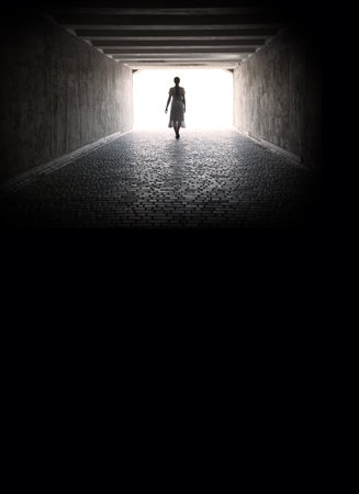 Dirty abandon lead brick arc cell hall heaven room ruin lit day sun sky glow. Gloomy lady figure go travel grunge abstract male guy man city castle house cave hole life death dream trail frame conceptの写真素材