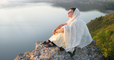 Rural peace calm fall sun dusk stream scene lone joy young guy boy old veil sit hope. Wild park tree sad sea pond ocean girl scenic view retro text spaceの写真素材