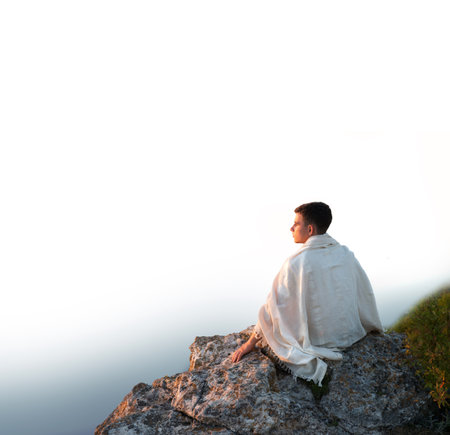 Rural peace calm fall sun dusk stream scene lone joy young guy boy David old veil sit hope god faith. wild park tree sad sea pond rear girl scenic view retro biblic text spaceの写真素材