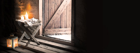 Dark black retro farm animal home hut room cloth gospel trough bed light blue sky text space story. Rustic rural board mother son boy Lord saint bless pray worship love even fire flame lamp art sceneの写真素材