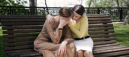 2 young adult lady sit hand talk old urban summer city town garden tree. Teen youth bad feel guilty shame offend think lost love mourn grief pain mood sunny outside nature tell advice pray god faithの写真素材