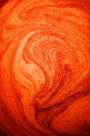 Close up macro bright light wet thick healthy sweet boil air round circle spiral spot stain drink meal concept. Past art design dark color fresh juicy soft spa oil gel sud spume text space top viewの写真素材