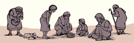 Jew east Arab human crowd kid son sit arm rise up happy joy white sky stone sinai work dry seed crop pot job Hand drawn retro art sketch poor elder senior eastern lady pray God carry eat meal path wayのイラスト素材