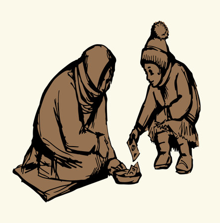 Black line drawn pity lady put aid dirty slum crisis sit ill kneel prayer bowl. sick sad male hobo boy guy pray plead god earn cash gift save food eat problem retro sketch art isolat sign icon conceptのイラスト素材
