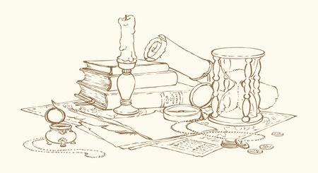 Grunge office time age worn holy god law papyrus page table diary blank novel card text space. Black line ink quill pen hand drawn dollar coin cash notice sign icon engrav biblic wisdom art still lifeのイラスト素材