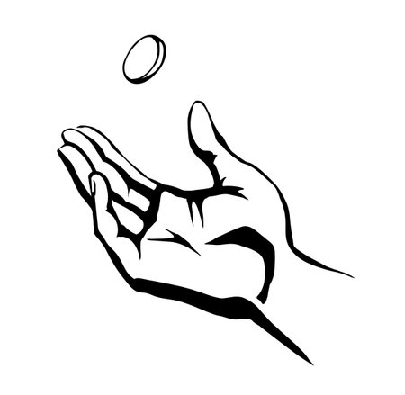 Close up view old age jewish male palm arm catch shot flip true bet head tail line icon white sky. Outlin black drawn crisis fate die win fun hope idea girl prayer pray ask bible god vector art sketchのイラスト素材