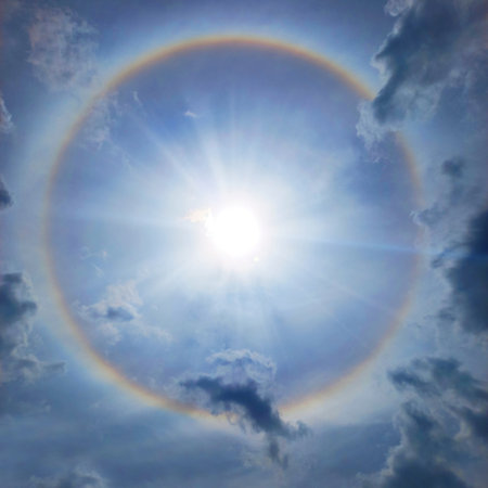 Spring cold high beauty amaz dramat cirrus scene bright color steam wind nobody art style copyspac. Bright blur soft dark rain full white moon planet globe haze glow skyscape text space fantasy sundogの写真素材