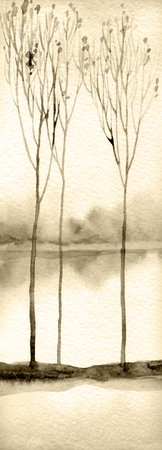 Hand drawn bright paint artwork quiet cloudy heaven sketch paper backdrop text space. Light grey color calm dusk rural hill swamp creek bay field wood shrub plant fall smoke haze ocean sea scene viewの写真素材