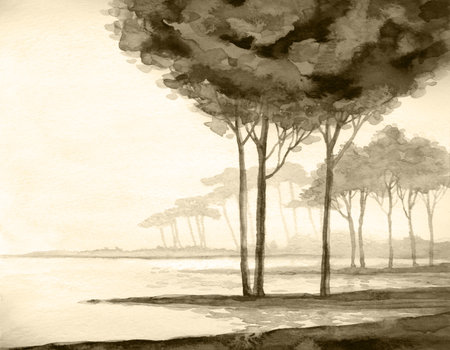 Hand drawn bright paint artwork quiet cloud scene sketch paper backdrop text space. Light blue color rural swamp marsh flood creek bay shore field wood shrub plant fall ocean sea garden scenic viewの写真素材