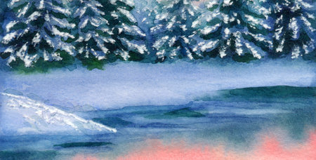 Bright paint pink hand drawn cool scenic land twilight heaven scene paper backdrop night text space card. Quiet calm scenery Lush light blue hoar cover bush valley field garden frosty icy creek waterの写真素材