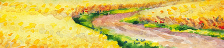 Hand drawn bright paint artwork sketch spring even scenic view red floral mow dry weed plant light paper text space. Calm quiet warm fall day glade creek pond dirt track turn land way morn travel sceneの写真素材