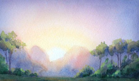 Hand drawn light color artwork paint sketch misty spring rain travel trail scene paper text space backdrop. Calm fall dale hill fresh haze smoke dry shrub wood scenery fir plant abstract scenic viewの写真素材