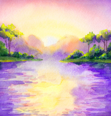 Light bright pink color paint silence fresh wet haze cloudy smoke scene paper card text space backdrop. Hand drawn cool quiet calm fall valley field pine shrub grass creek ocean bay beach scenic viewの写真素材