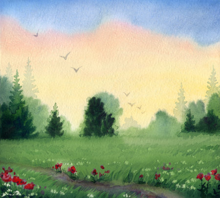 Hand drawn light red paint bird picture artwork sketch valley mow lawn stream scene paper text space backdrop. Pink color calm misty steppe fall haze smoke shrub wood plant travel trail way scenic viewの写真素材