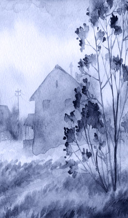 Hand drawn light red paint artwork misty spring rain rustic mow lawn forest land way scene. Calm dusk haze fall dry wild wood shrub plant branch old city retro town street villa hut fence scenic viewの写真素材