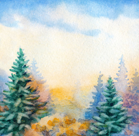 Bright hand drawn watercolour drawing scenic sketch on paper artwork card backdrop text space on heaven. Quiet wintertime blue color paint sundown artist scene. White calm icy xmas hill valleyの写真素材