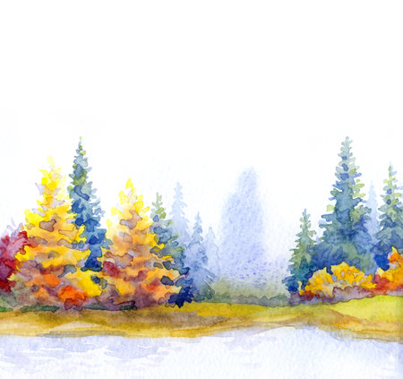 Vibrant hand drawn aquarelle fresh grass lawn beauty scene paper text space backdrop. Bright red orange color paint thicket shrub calm clear cool weather day. scenic brook bay beach rural outdoor viewの写真素材