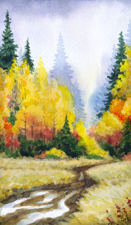 Hand drawn watercolour paint sketch on paper pattern backdrop. Text space on artwork taiga wet fog day scenic cloudy mist view. Bright red orange color wild dry grass plant land acrylic russia sceneの写真素材