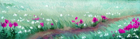 Hand drawn bright green paint artwork sketch scenic view red floral mow plant light white even sky paper text space. Calm day rain fall haze smoke glade creek pond dirt track land way dusk travel sceneの写真素材