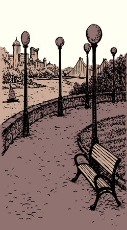 Old calm europe place canal boat pond quay bay bank square way grass lawn hill white morn sky scene text space. Black Line hand drawn relax rest stone walkway wood scenic view doodle outline art styleのイラスト素材