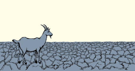 Old nomad rural lamb ram stand rough dead dirty clay sand dirt mud park heat sky hand drawn biblic Israel land art scene. Scenic bible view white lost lone dairy fawn roe alone stag pet sheep travelのイラスト素材