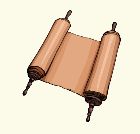 Grunge past jew age dirty brown torn rip rag script roll learn note faith pray Moses law write white text space. Closeup sacred church library prayer god literary list biblic hand drawn pen sketch artのイラスト素材