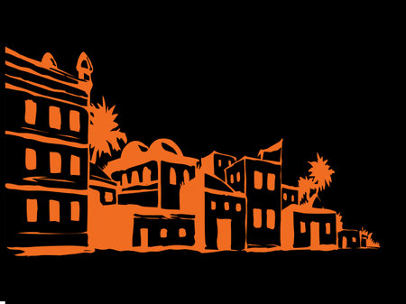 Vintage age egypt cairo orient desert biblic wall palm tree oasis scene text place white sky scenic view. Outline hand draw asian iran oman symbol sketch retro graphic line cartoon art vector styleのイラスト素材