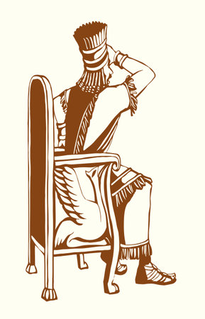 Middle east old age past jew golden cloth noble royal male Zeus stare watch far away see search panic scare arm Syria iraq lord Cyrus chair seat. Hand drawn rage Iran Darius retro biblic god art storyのイラスト素材