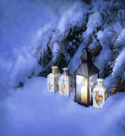 Happy merry noel advent eve frozen ice still life text space scene. Retro rusty scenic view glitter art ornate pine outside bright fire flame burn lit party symbol banner decor greet card style designの写真素材