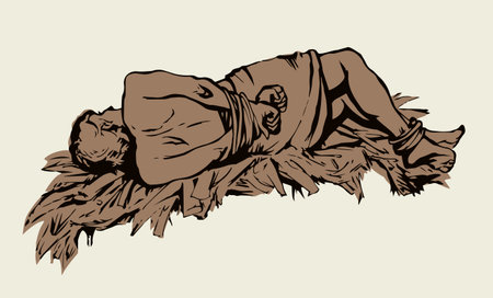 Closeup behind view ancient stress adult restrict string lie arm. Vintage line black drawn evil assault illegal buy struggle block ban trade guilt help concept icon sign. Retro white art cartoon styleのイラスト素材