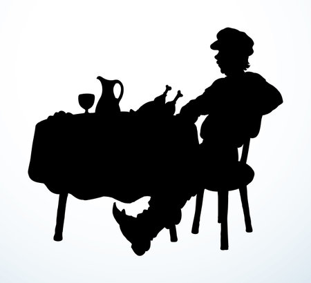 Funny happy hungry young guy guest beer shop snack white text space. Outline black ink hand drawn old fun tasty home human menu service icon sign symbol concept antique art cartoon royal story styleのイラスト素材