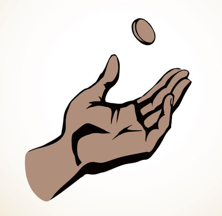 Close up view old age jewish male palm arm catch shot flip true bet head tail line icon white sky. Outlin black drawn crisis fate die win fun hope idea girl prayer pray ask bible god vector art sketchのイラスト素材