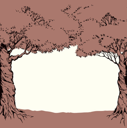 Old tall high stem copse twig crown arch fall flora lawn floral Israel hill field white sky text space scenic view. Black ink pen hand drawn organic eco oil herb scene doodle ancient retro art styleのイラスト素材